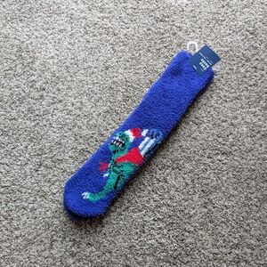 Old Navy Blue Fuzzy Socks with Dinosaur Santa Design